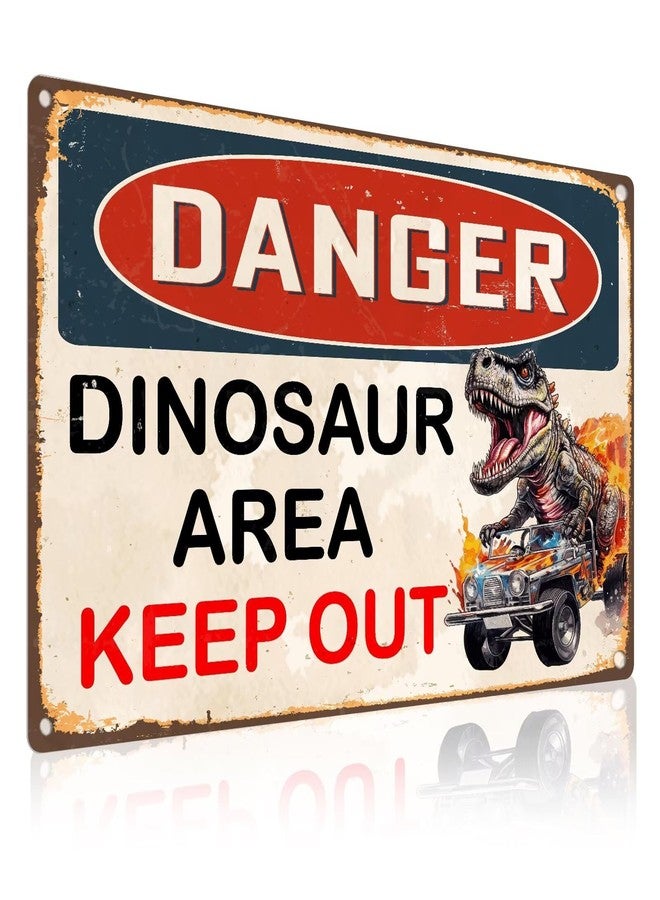 Roacap Dinosaur Room Decor for Boys, Vintage Dino Metal Sign 8"x12", Danger Dinosaur Area Keep Out Quotes for Boy Nursery, Dinosaur Wall Art Decoration for Bedroom Bathroom - Image 1